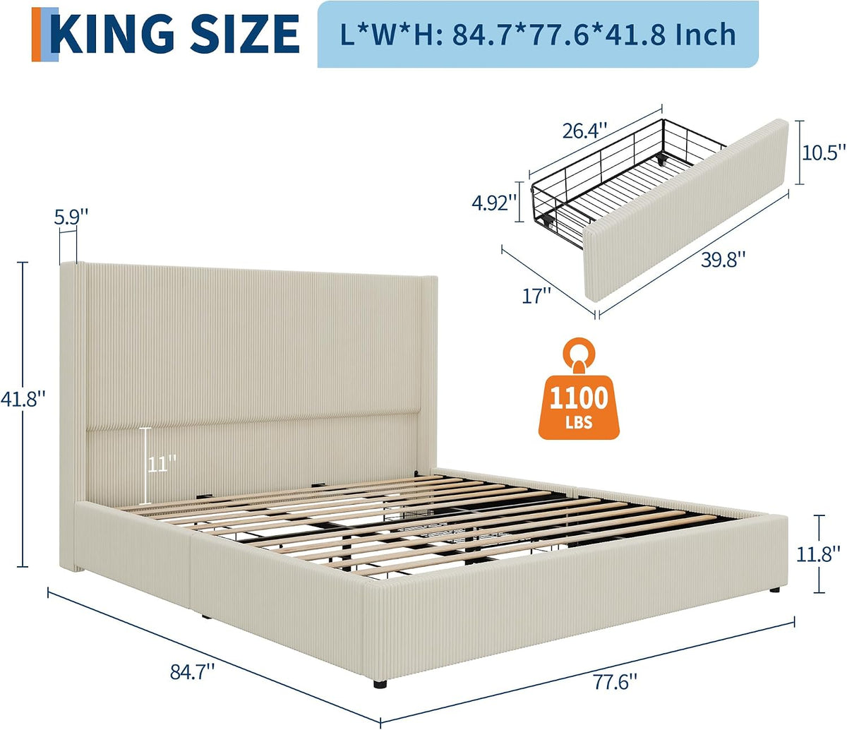 GarveeHome King Beige Storage Bed Frame, Corduroy Upholstered Platform Bedframe with 4 Drawers and Headboard, No Box Spring Needed, Easy Assembly