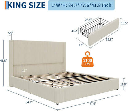 GarveeHome King Beige Storage Bed Frame, Corduroy Upholstered Platform Bedframe with 4 Drawers and Headboard, No Box Spring Needed, Easy Assembly