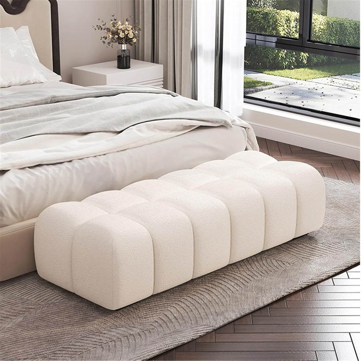 Modern Fabric Bed end Bench Long Bedroom Dressing Room Wooden Shoe Changing Entryway(XS)