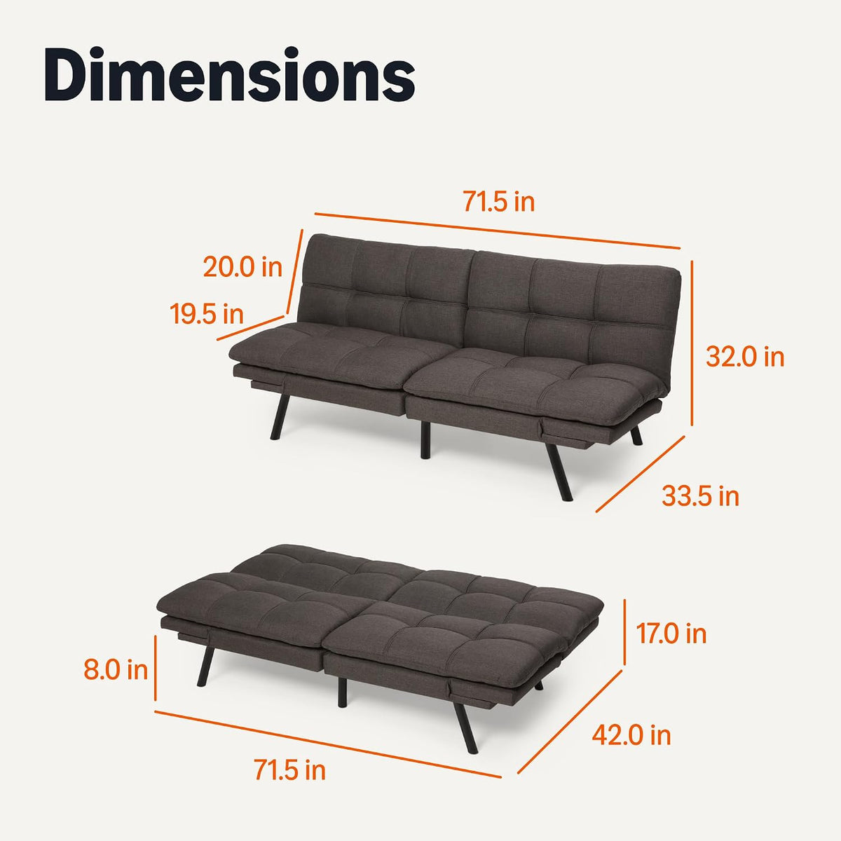 Amazon Basics Futon Sofa Bed, Convertible Memory Foam Sofa Couch with Adjustable Positions for Small Living Room, Office, Apartment, Dark Grey Linen Fabric