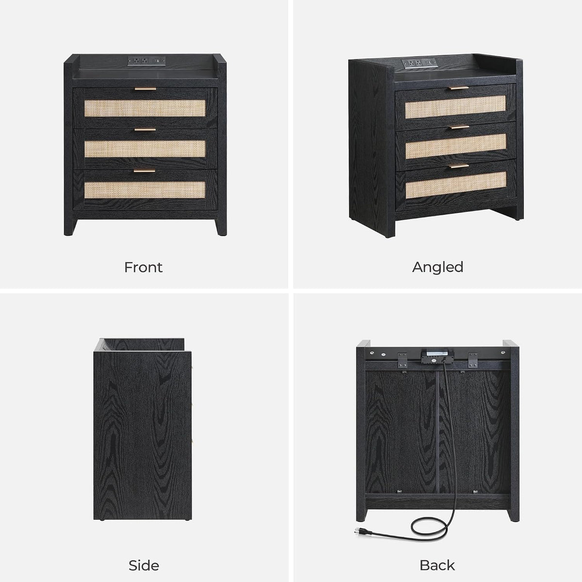 SICOTAS Nightstands Set of 2 : Rattan Tall Bedside Table with 3 Drawers | Farmhouse Boho Night Stand with Type-C Charging Station, Storage, Larger End Table Side Table for Bedroom Office