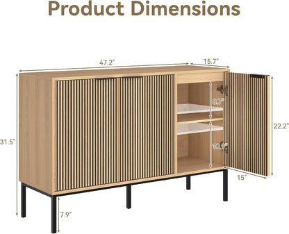 47.2" Sideboard Cabinet, Modern Buffet Cabinet with Doors & Adjustable Shelf, Wood Credenza Coffee Bar Storage Console Table for Kitchen, Dining Room, Living Room, Entryway, Natural