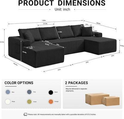ivoros 125" Cloud Couch Sectional, Modular Sofa with Cup Holder and Storage Pocket, Corduroy U Shaped Sofas, Couch in a Box, No Assembly Required, Black Couches for Living Room