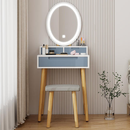 YOURLITE Small Makeup Vanity Desk with Mirror and Lights | Compact Vanity, 3 Lighting Modes, Adjustable Brightness, 3 Drawers, Cushioned Stool