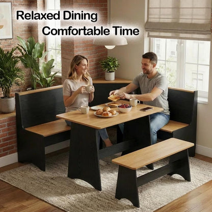 Farmhouse Breakfast Nook Table Set, Dining Nook Set with Corner Bench,with Storage Function Mid Century Modern Small Dining Table Set, Kitchen Table Corner Set (Yellow + Black)