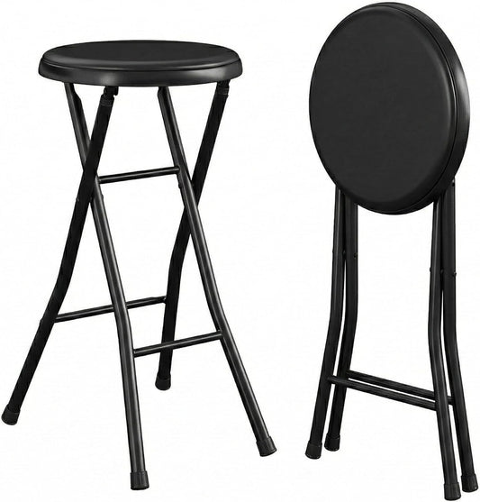 24 Inch Folding Stool Chair, Black Foldable Stool for Adults Portable, Lightweight Collapsible Bar Stool with Padded Seat, Compact Fold Up Stool for Parties, Weddings, Indoor Outdoor Use