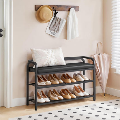 YATINEY Shoe Bench with Backrest, Entryway Bench, 2-Tier Shoe Rack with PU Padded Seat, Upholstered Shoe Storage Bench with Back, for Hallway, Entryway, Foyer, Bedroom, Black HX14BB