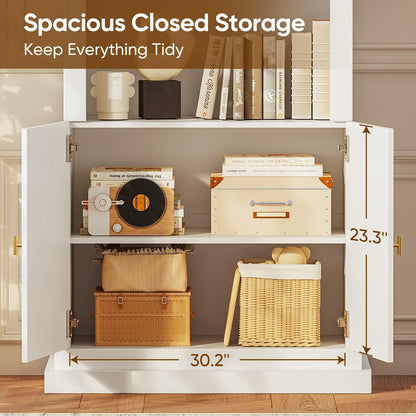 71" Arched Kitchen Modern Pantry Storage Cabinet, Tall Display Cabinet for Dining Room and Living Room with 1 Glass Door and 1 Open Shelf Cabinet with Drawers, White with Gold Handles, 2 of Set