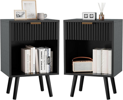 YMYNY Mid Century Modern Nightstand Set of 2, Side Table with Fluted Drawer, Open Shelf Unit, Golden Handle, Solid Wood Legs, Bedside Table, for Bedroom, Black UHST013B-2