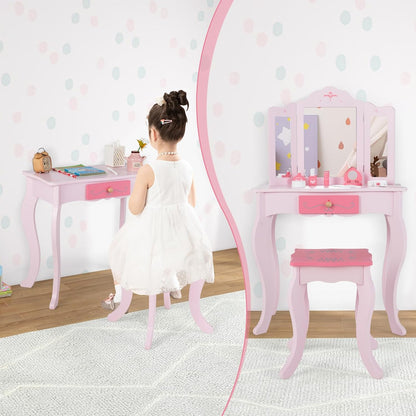 INFANS Kids Vanity, 2 in 1 Wooden Princess Makeup Table and Stool Set with Tri-Folding Detachable Mirror 10 Accessories, Toddler Pretend Beauty Dressing Play for Girls Aged 3+