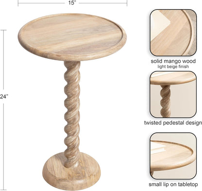 Kate and Laurel Willoughby Modern Wooden Spiraled Round Side Table, 15 x 15 x 24, Light Natural, Accent Pedestal End Table with Turned Base for Use as Indoor Plant Stand or Bedroom Nightstand Option