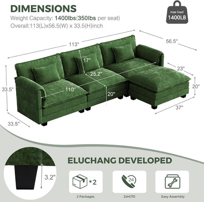 ELUCHANG 113" Oversized Modular Sectional Sofa, Comfy Chenille Cloud Couch, 4-Seater L Shaped Modern Deep Seat Sofa w/Removable Covers for Living Room, Bedroom, DIY Combination - Green