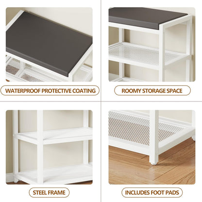 Small Shoe Bench Shoe Rack Storage Bench Entryway Bench Shoe Shelf with Seat Cushion, Stable Shoe Organizer for Entryway, Living Room, Bench Seat Holds Up to 300 lb, (18"L x 12"W x 17"H, White)