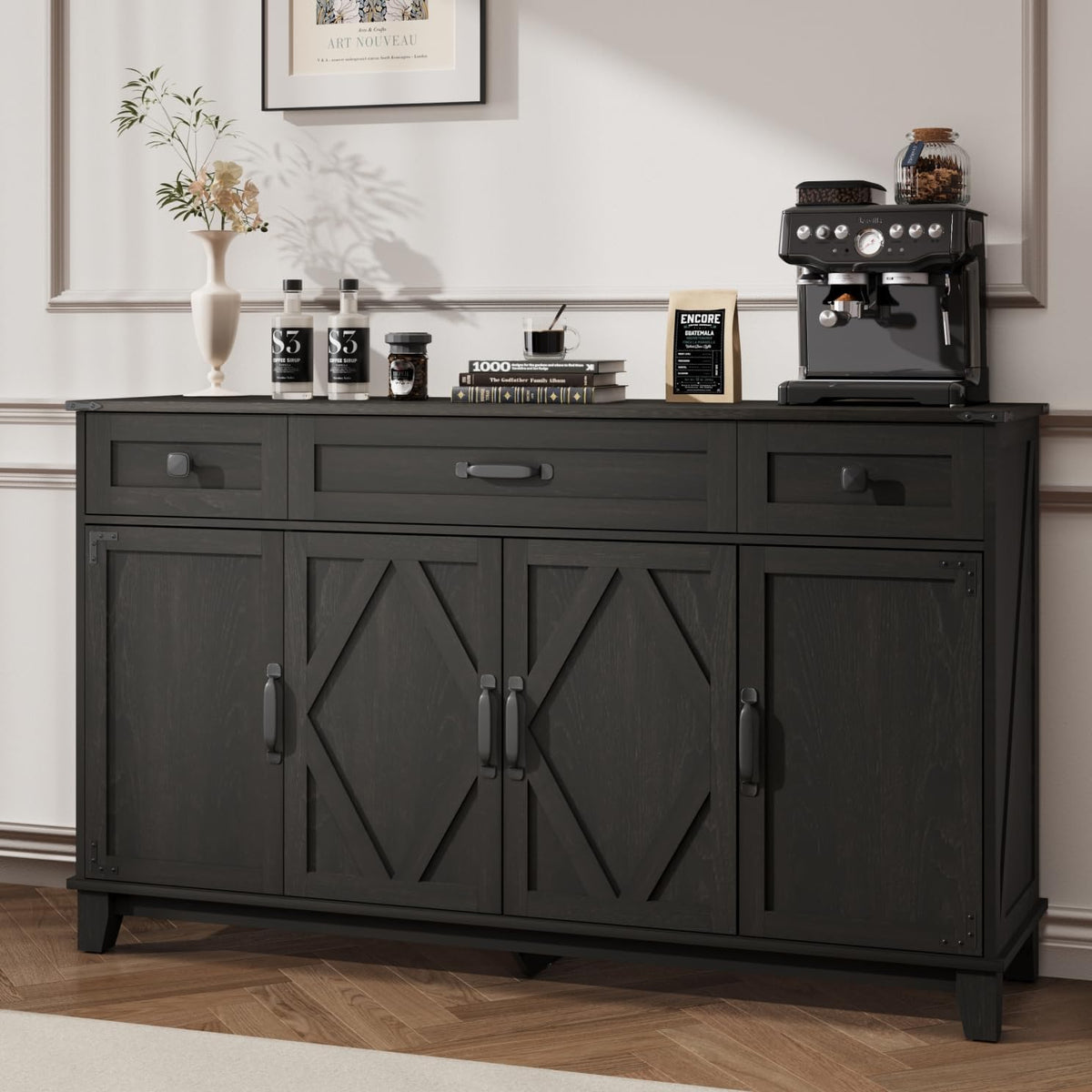 Farmhouse Buffet Cabinet with Drawers, 55" Large Sideboard Kitchen Buffet Storage Cabinet with 3 Adjustable Shelves and Doors Heightened Table Wood Coffee Bar for Kitchen Living Room, Black