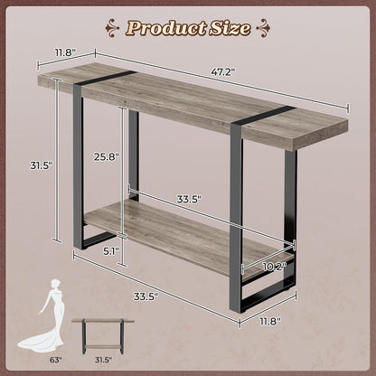 Huuger 47.2 Inch Entryway Table, 2-Tier Industrial Console Sofa Table with Storage, Accent Table, for Entry, Hallway, Entrance, Foyer, T-Shaped Metal Frame, Grey