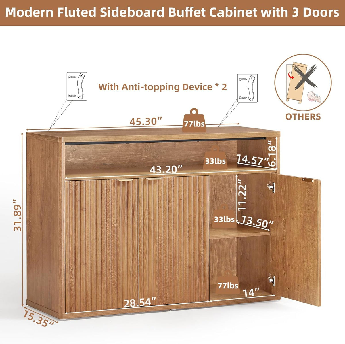 LEYAOYAO Fluted Buffet Cabinet with Storage, 45" Wide Modern Sideboard Credenza with 3 Doors & Open Storage Shelf, Wood Kitchen Console Accent Cabinets, Coffee Bar Table for Dining Room, Tea Brown