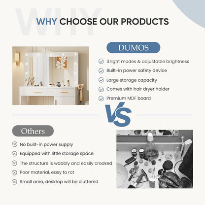 DUMOS Makeup Vanity Desk with Mirror and Lights, Charging Station | 11 LED Bulbs, Dressing Table, Large Cabinet, 2 Drawers, USB-C Power Outlet, 3 Color Adjustable Lighting, White