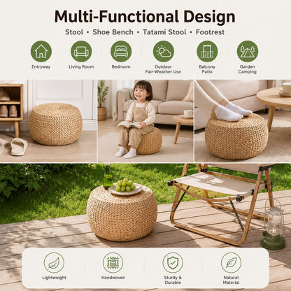 Small Straw Pouf Ottoman, Low Natural Footrest, Dia: 12.2" | Natural, Eco-friendly, Lightweight, Anti-Slip, Breathable, Boho Tatami Footstool for Living Room Bedroom Patio