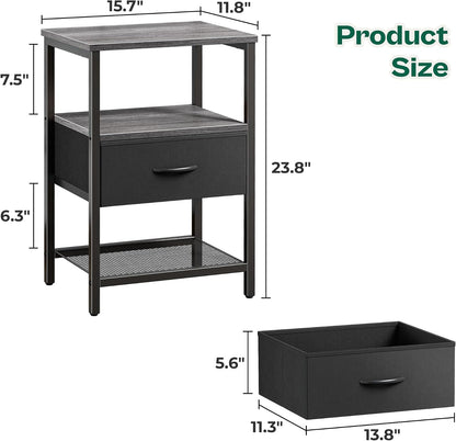 Huuger Nightstand Set of 2, Night Stand with Fabric Drawer, Mesh Shelf, Side Table with Storage, Fabric Drawer Dresser, Open Shelf, Metal Frame, Bedroom, Charcoal Gray