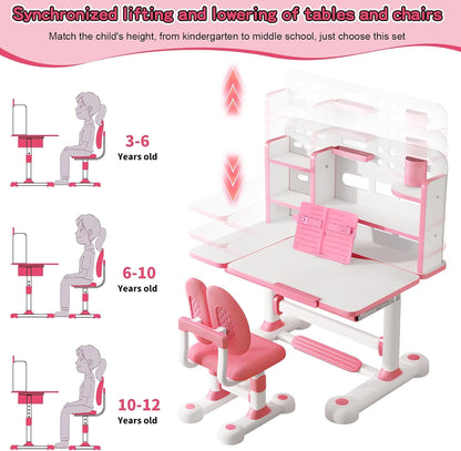 Kids Desk and Chair Set, Height Adjustable Kids Study Desk with Bookshelf and Storage Drawer, 50 Degree Tiltable Desktop Children’s Table and Chairs for Bedroom Study Room Pink