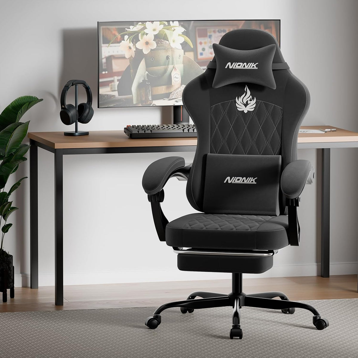 Ergonomic Gaming Chair Video Gamer Chairs Gaming Computer Chairs Gamer Chairs for Adults Massage Lumbar Support Swivel Height Adjustable Headrest Backrest Black