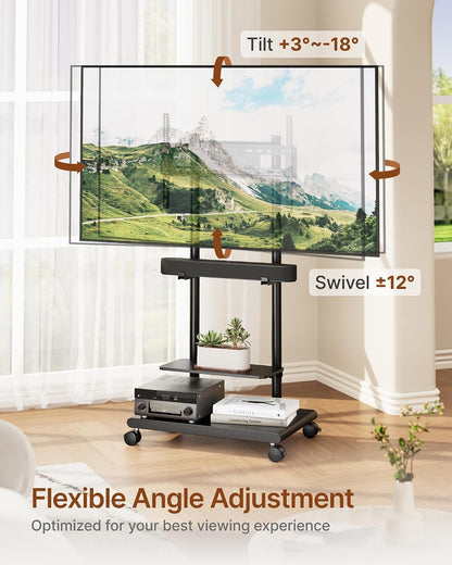 Rolling TV Stand with Soundbar Mount for 37-75inch TVs up to 154lbs | Swivel&Tilt Mobile TV Stand with Large Storage,Height Adjustable,Steel Base,Max VESA 600x400mm,Sturdiness,Easy Assembly,Black
