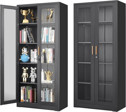 Glass Display Cabinet, 71" Tall Metal Curio Cabinet with Glass Doors, Black Display Case, Storage Cabinets with 4 Adjustable Shelves, Locking Storage Cases for Hallway, Kitchen, Living Room