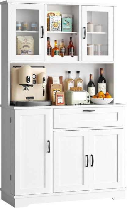 Vongrasig Kitchen Pantry Cabinet, Large Kitchen Hutch Formhouse Storage Cabinet with Microwave Stand, Tall Food Pantry for Dining Room, Living Room, White