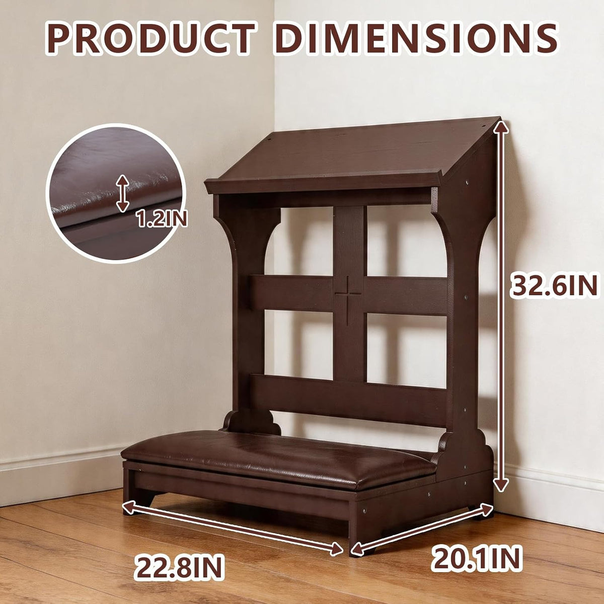 Kneeler for Prayer – Wooden Prayer Bench Kneeler, Padded Faux Leather Kneeling Pad, Space-Saving 23" L X 20" W for Home ChurcWorship Ebony
