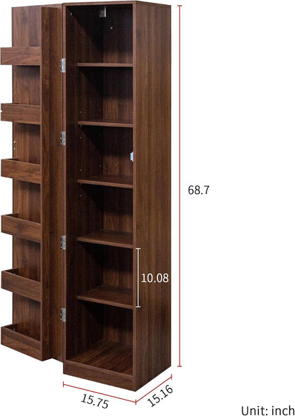 Kitchen Pantry Cabinet with 6 Shelves & 6 Side Racks, 2 Adjustable Shelves Storage Cabinet, Tall 71" Wood Pantry for Kitchen Bathroom, Walnut