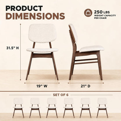 Dining Chairs Set of 6, Mid-Century Modern Dining Room Kitchen Dinner Chairs, Upholstered Vanity Living Room Chairs, Open Back and Padded Seat for Home/Kitchen/Living Room/Bedroom