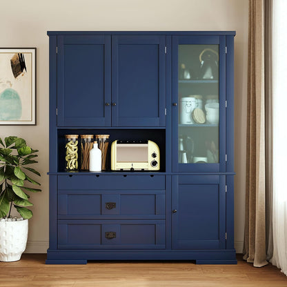 Large Pantry Storage Cabinet with Adjustable Shelves and Drawers, Freestanding Buffet Cabinet Cupboard with Hutch and Door Shelf for Dining Room, Kitchen (Blue)