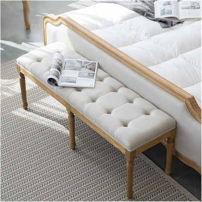 Modern French Vintage Bench with Padded Seat and Rubberwood Legs, Memory Foam Upholstered Entryway and Dining, Tufted Fabric End of Bed for Bedroom Living Room Hallway Entryway