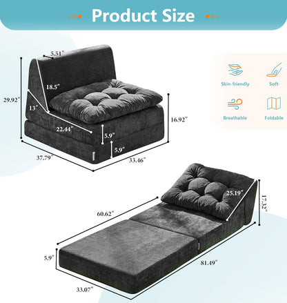Hobestluk Sofa Couch Folding Sofa Bed Comfy Floor Lounger Convertible Sofa with Removable Cushion Couches for Small Spaces Foldable Mattress for Living Room Bedroom or Office (Chenille Grey, Large)