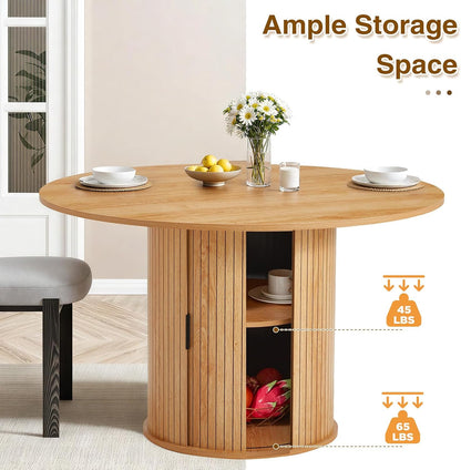 AVAWING 47-inch Round Dining Table for 4-6, Circle Fluted Kitchen Table with 2-Layer Storage Shelf and Wood Slide Door, Mid-Century Modern Fluted Design Wooden Dining Desk for Dining Room, Natural
