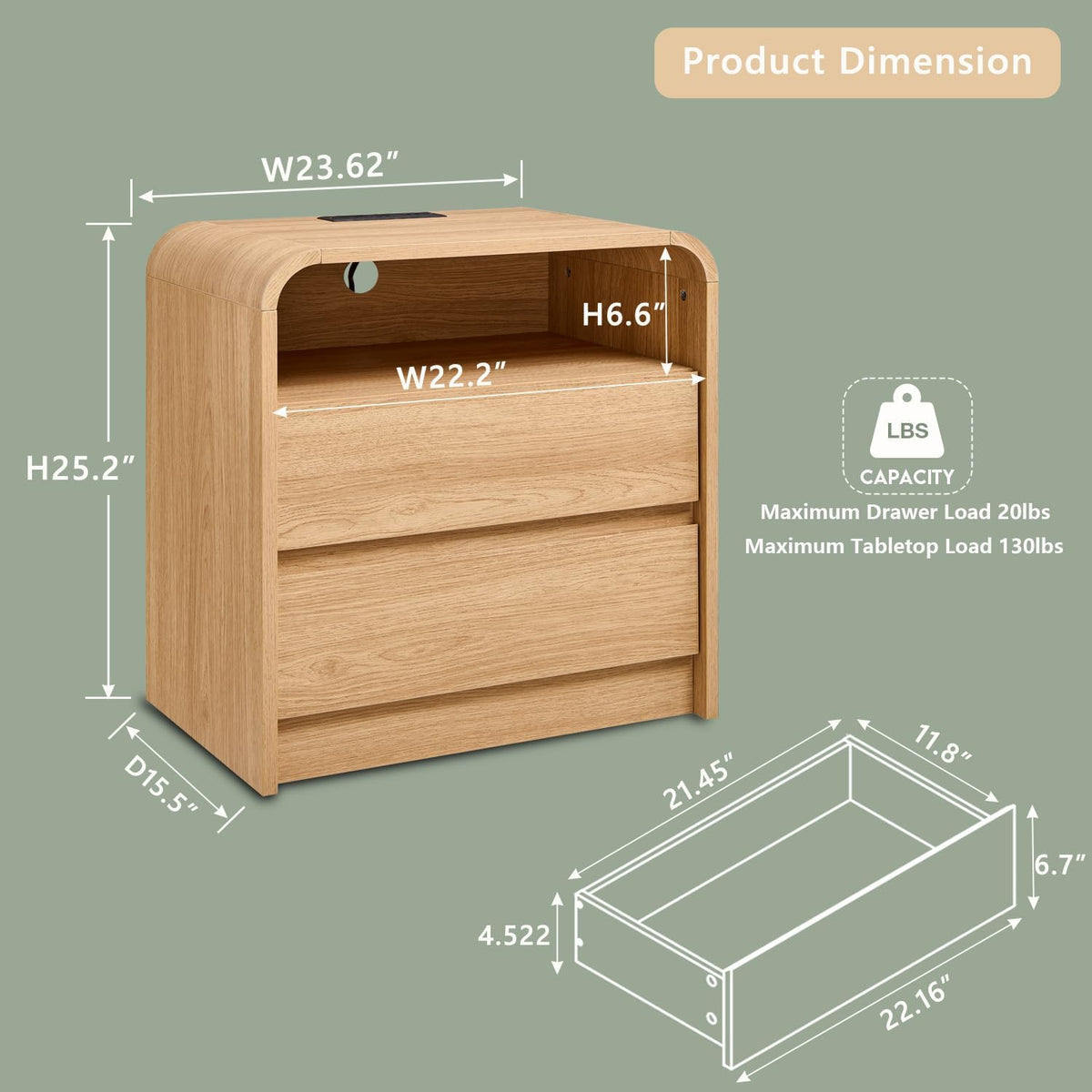 Aitjunz 25" Tall Modern Nightstand with Charging Station, 23.6'' Wide Wood Bedside Table w/2 Storage Drawers, Large Mid Century End Table for Bedroom, Living Room, Curved Profile Design,Natural Oak