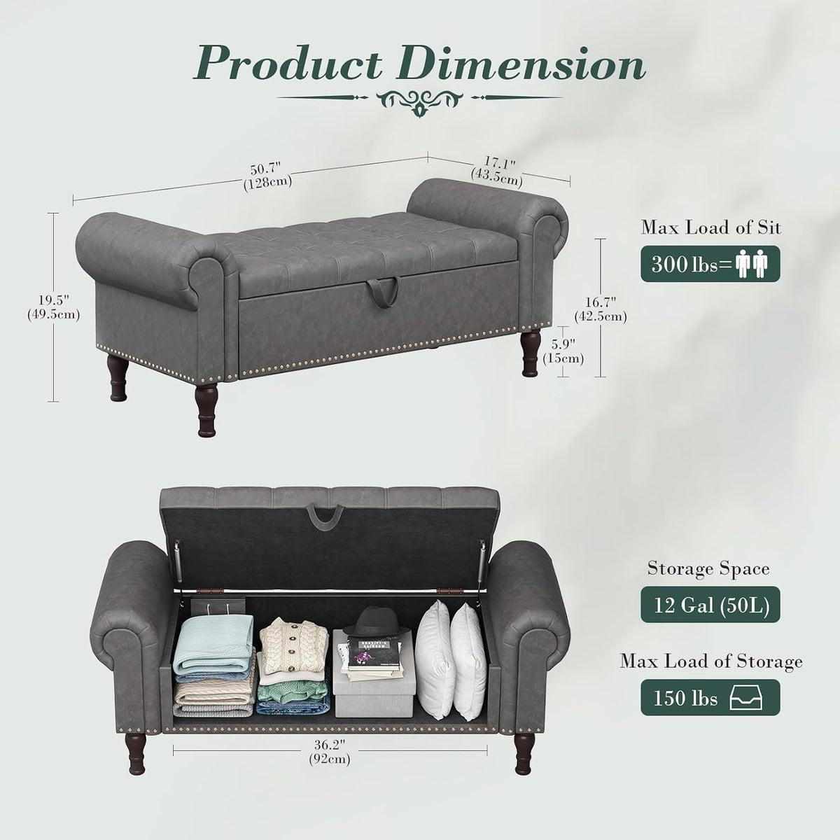 Apicizon 51” Bench with Storage, Upholstered Tufted Button Bedroom Bench with Storage, Faux Leather End of Bed Bench with Rolled Arms, Storage Ottoman Bench for Bedroom, Living Room, Entryway, Gray