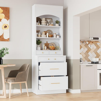 83.7" Tall Kitchen Pantry, Modern Storage Cabinet with 5 Drawers 1 Adjustable Shelf, Freestanding Kitchen Hutch with Faux Marble Top (White,1)