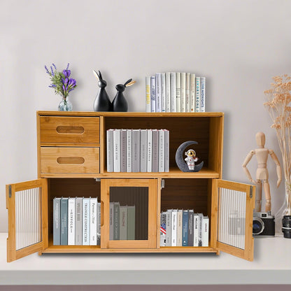 Small Bamboo Kitchen Pantry Sideboard, with Two Drawers, One Open Space, Large Bottom Space with Doors, Freestanding Countertop Storage Cabinet for Bottles, Dish, Bowl, Console