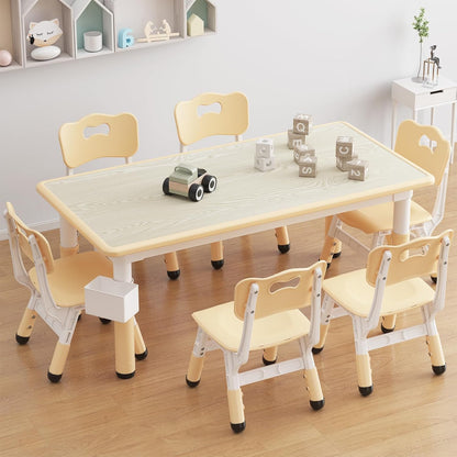 OUTLANE Kids Table and 6 Chairs Set, 47.2"X23.6" Activity Table with Anti-Slip Pads, Wooden Toddler Table and Chair Set with Storage Box, Art Craft Desk for Home Classroom Daycare, 12 Color Pens
