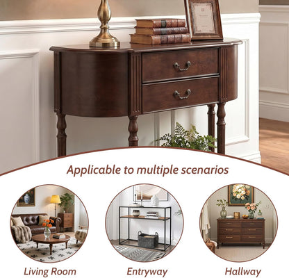 LKTART 43.3" Solid Wood Vintage Curved Console Table, Half Moon Sofa Table Entryway Table with 2 Drawers and Open Shelves Rubber Wood Legs for Living Room Hallway Entryway, Walnut