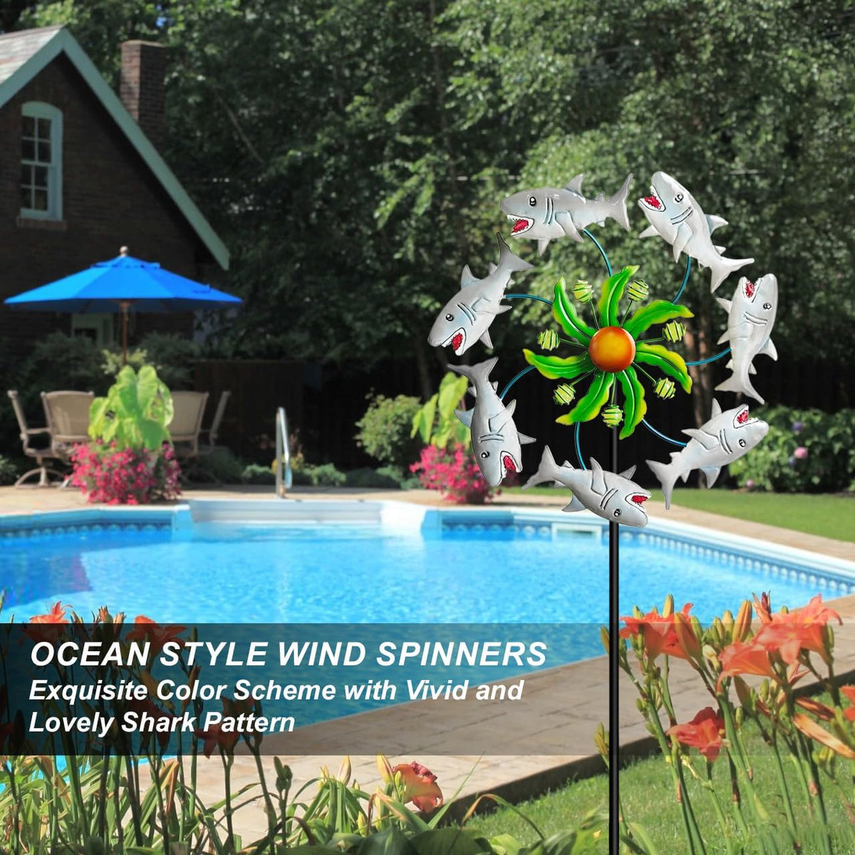 Shark Outdoor Wind Spinners - 39" Ocean-Themed Metal Wind Sculptures Garden Stake Art, 13.5” Windmill Yard Kinetic, Outdoor Decor for Patio & Lawn - Metal Beach Sculpture with Shark Design