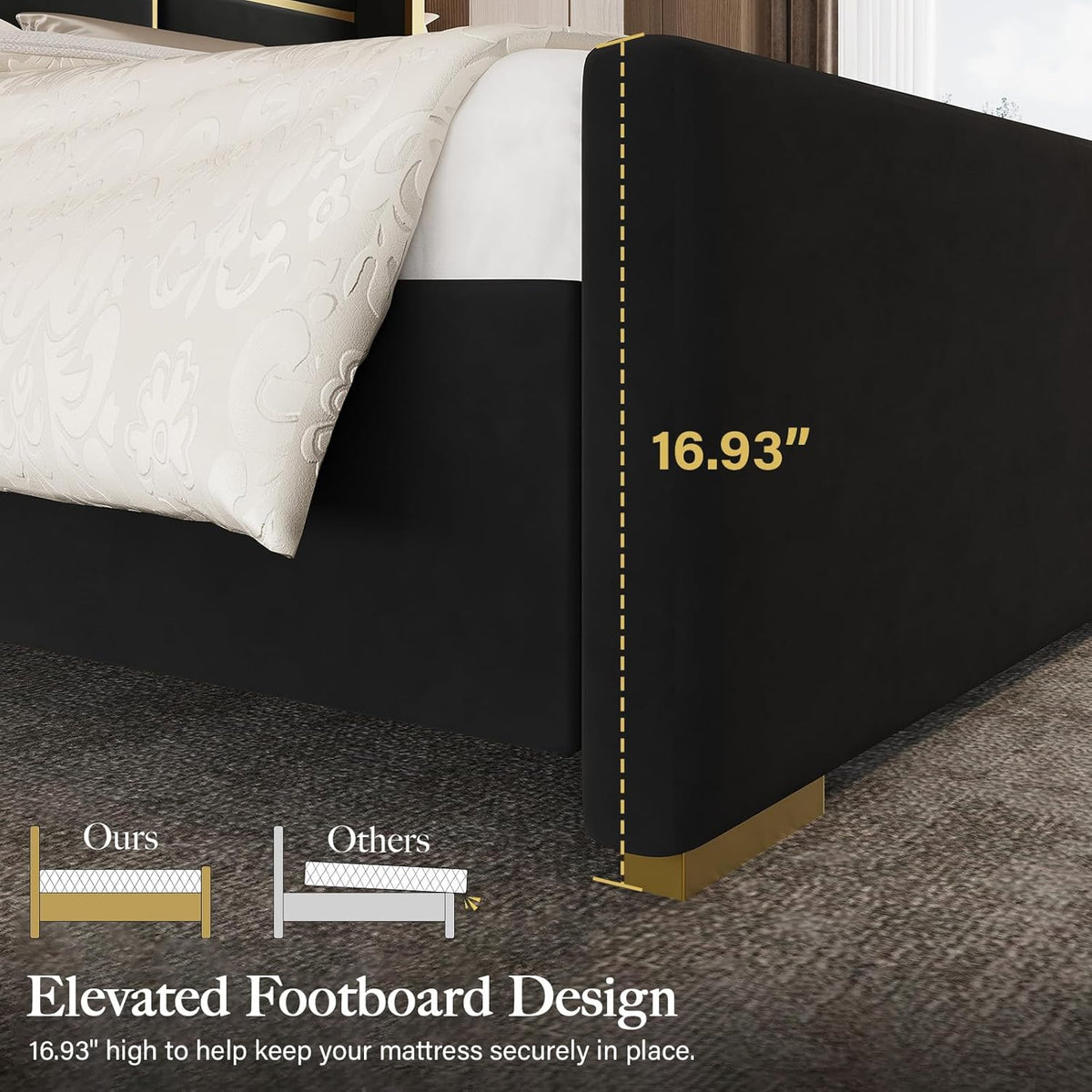 Queen Bed Frame with 55.12" Tall Headboard, Black and Gold