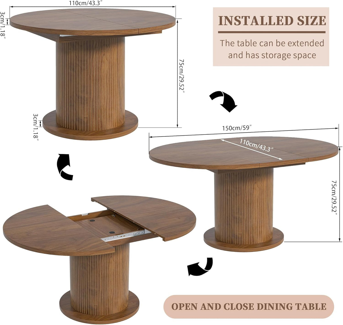 43.3 inch 59 inch Adjustable Size Round Dining Table for 4 6, Unique Design Modern Farmhouse Kitchen Table, Circle Dining Tables with Wood Strip Base for Kitchen Living Room (Walnut)