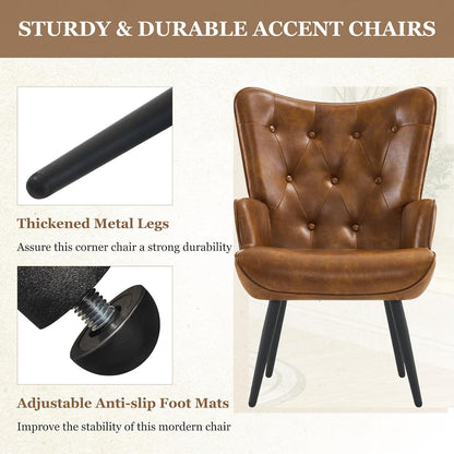 Furnimart Accent Chairs Set of 2, Brown PU Leather Reading Armchair with High Backrest, Wingback Corner Chair Mid Century Modern for Living Room, Bedroom, Waiting Room