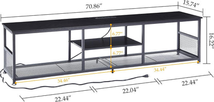 VECELO TV Stand with Power Outlets for Televisions up to 80Inch, 70" Media Entertainment Center with Charging Station 3-Tier Open Storage Shelves with Metal Frame for Living Room/Bedroom，Black