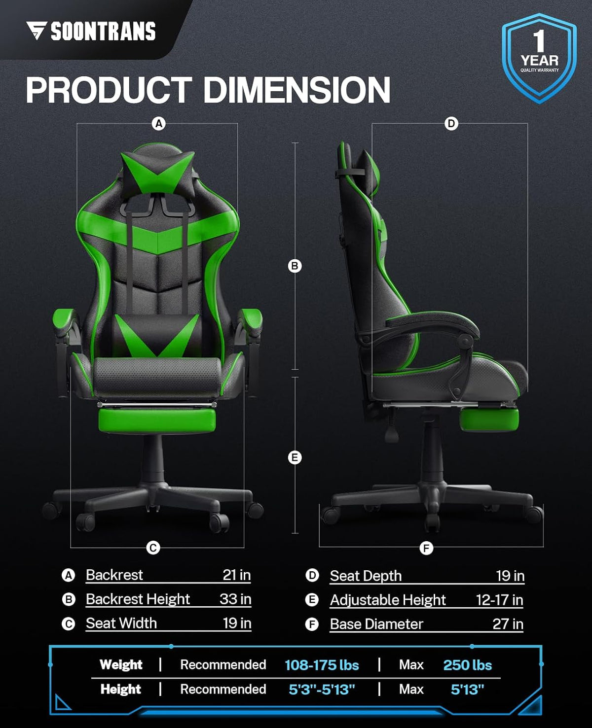 Soontrans Green Gaming Chair with Footrest,Racing Gaming Chair,Computer Gamer Chair,Ergonomic Game Chair with Adjustable Headrest and Lumbar Support(Jungle Green)