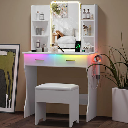 Small Vanity Desk with Mirror and Lights, Makeup Vanity with LED Lights, White Vanity Mirror with Lighted Desk and Chair, 3 Lighting Adjustable Compact Dressing Table with Mirror for Women, Girls