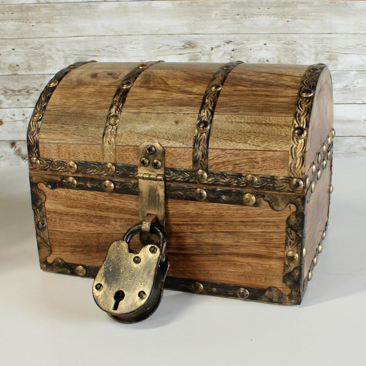 Nautical Cove Antiqued Finished Wood Treasure Chest with Decorative Rivets and Reinforcing Iron Strips with Lock and Skeleton Keys (Light Antique, Small 8 x 6 x 6)