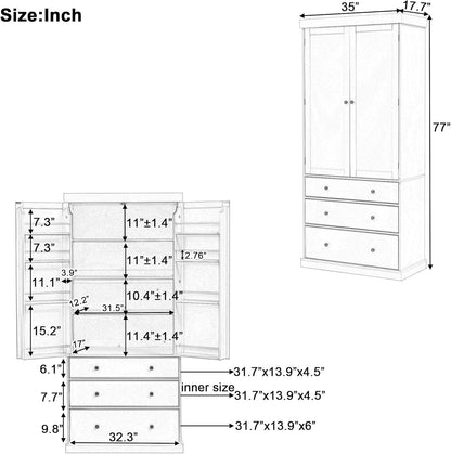 77" Tall Kitchen Pantry Cabinet with 3 Drawers, Large Wooden Kitchen Organizers Storage Cabinet Cupboard with 8 Door Shelves and 3 Adjustable Shelves for Dining Room, Grey